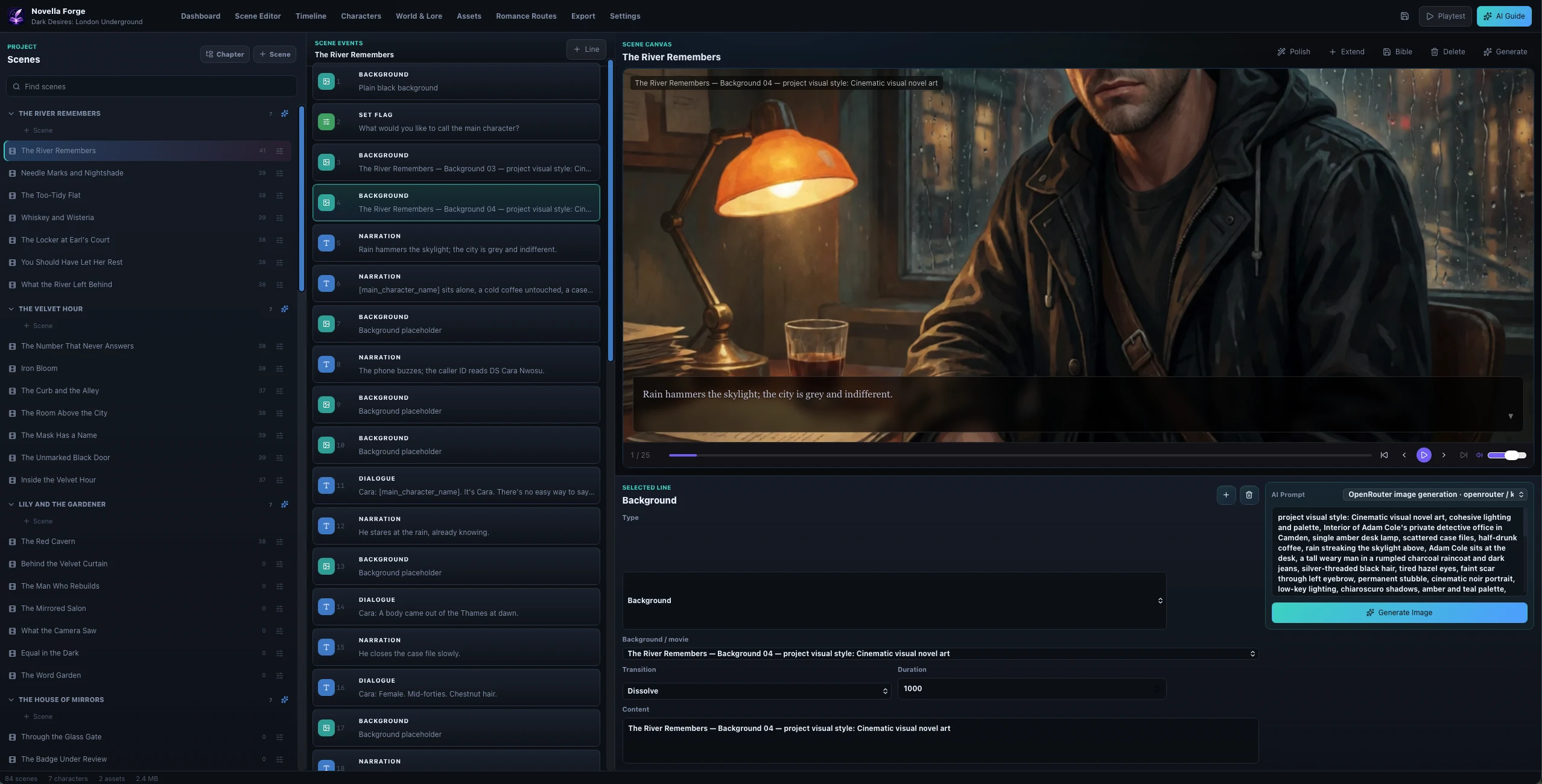 NovellaForge Creator Studio's visual novel scene editor with scene list, event timeline and live story preview