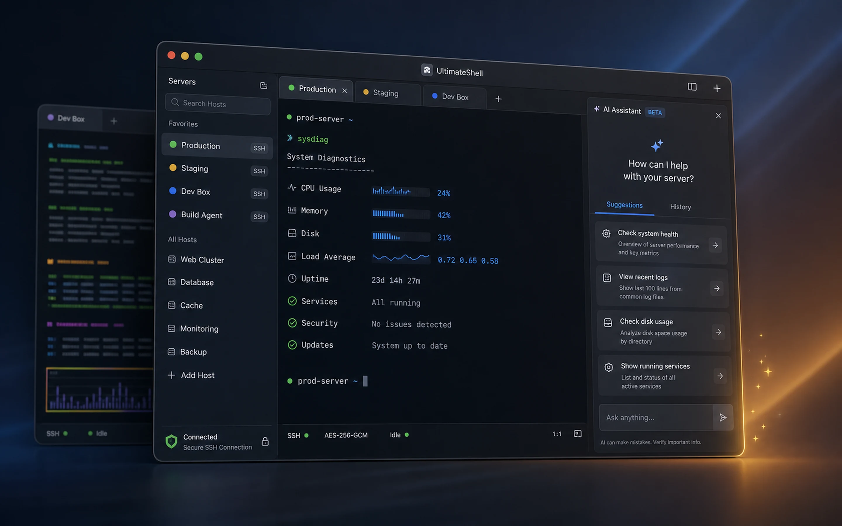 UltimateShell on macOS showing SSH hosts, terminal tabs and its optional AI assistant